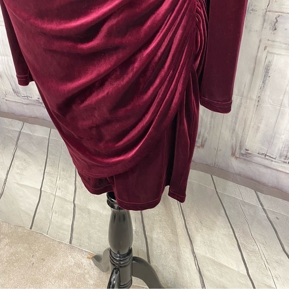 Alex Marie Long Sleeve Solid Mahogany Red Velvet Ruched Faux Wrap Dress V Neck - Picture 5 of 12